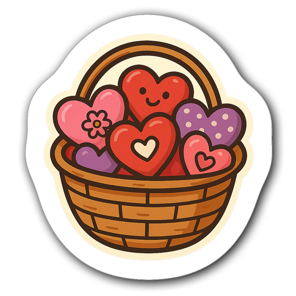 Retro badge sticker of a basket filled with heart-shaped candies