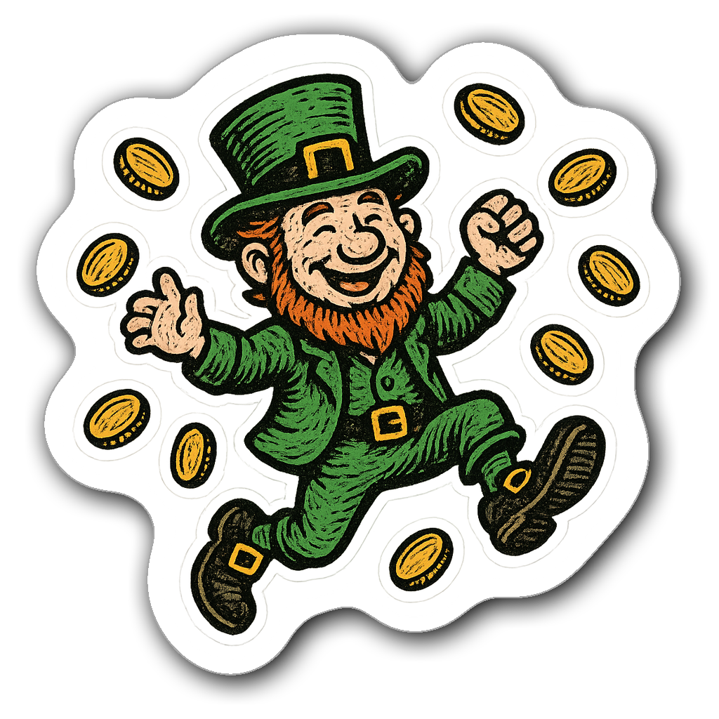 A joyful leprechaun jumping with gold coins, die-cut sticker
