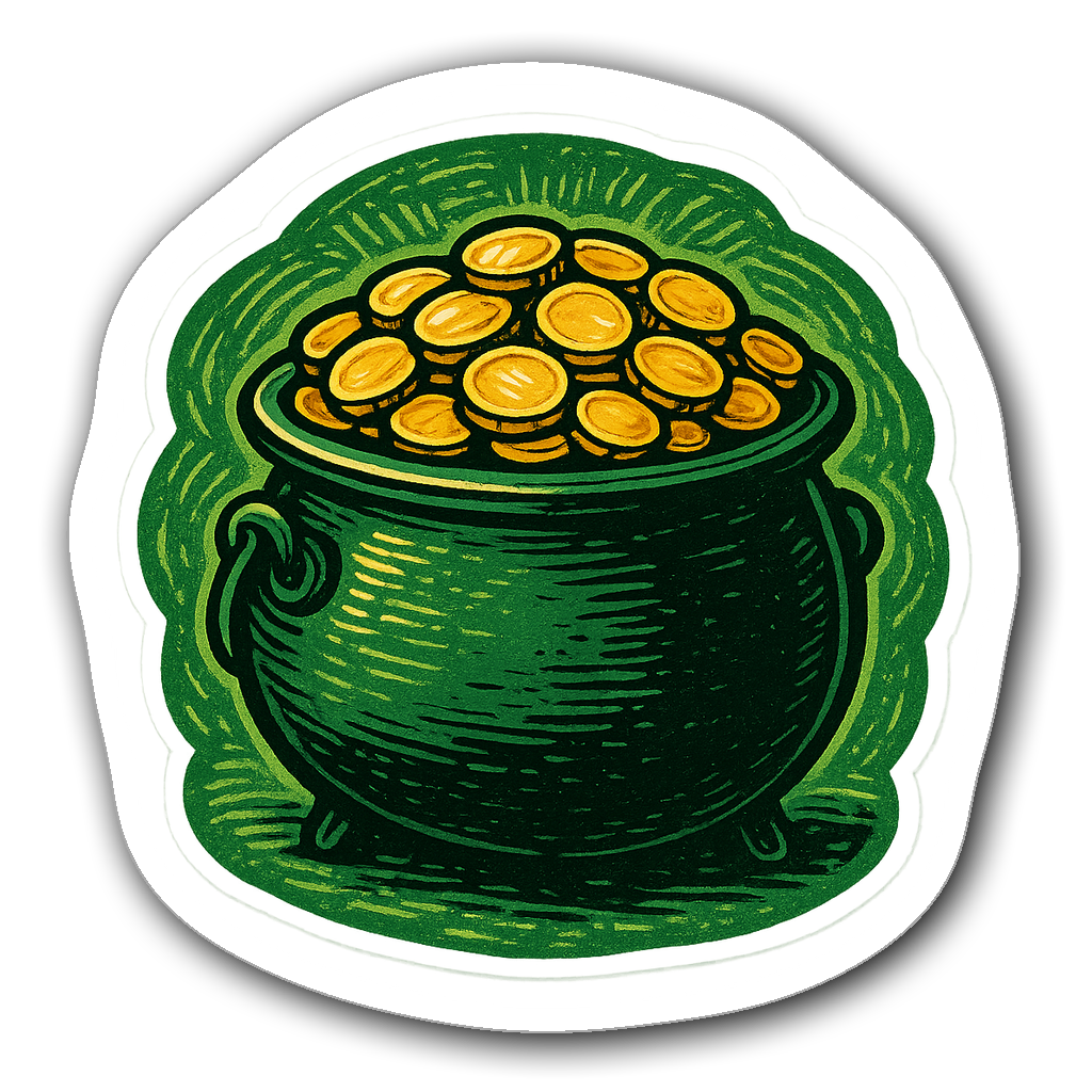 Die-cut sticker of a pot of gold overflowing with coins in green and gold