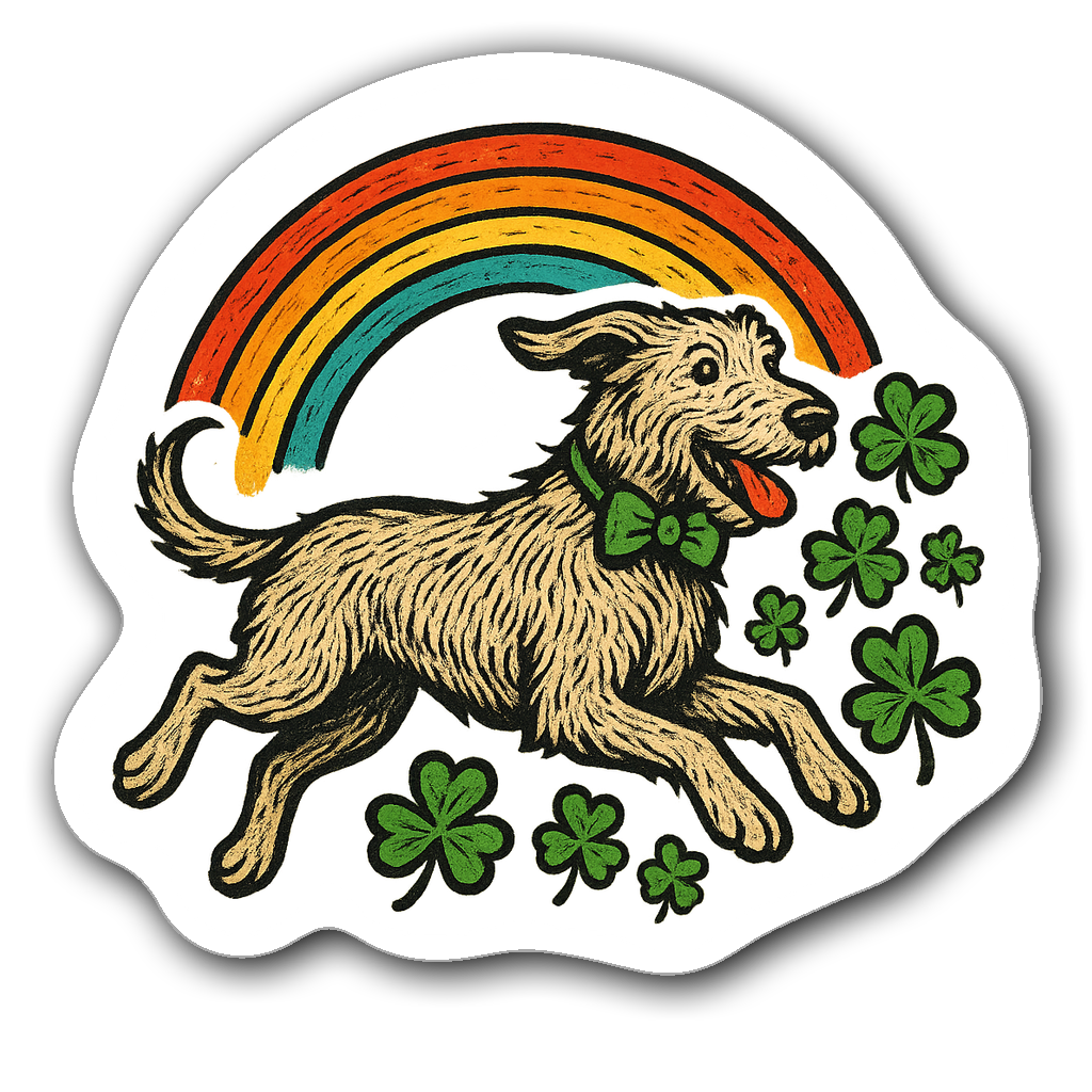 Irish wolfhound with green bowtie, shamrocks, and rainbow sticker