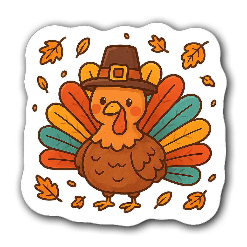 Whimsical turkey wearing a pilgrim hat surrounded by autumn leaves