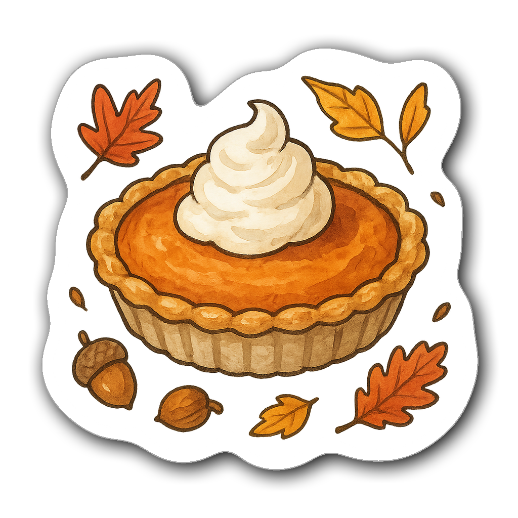 Watercolor illustration of a pumpkin pie with autumn elements