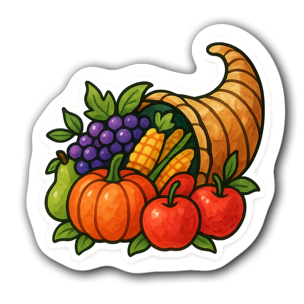 Watercolor sticker of a cornucopia with fruits and vegetables