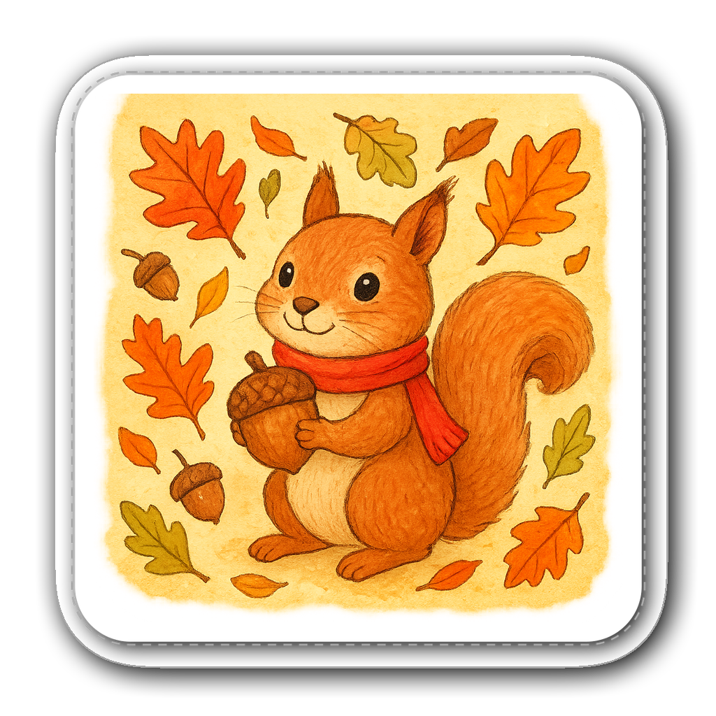 Friendly squirrel with acorn and autumn leaves in watercolor