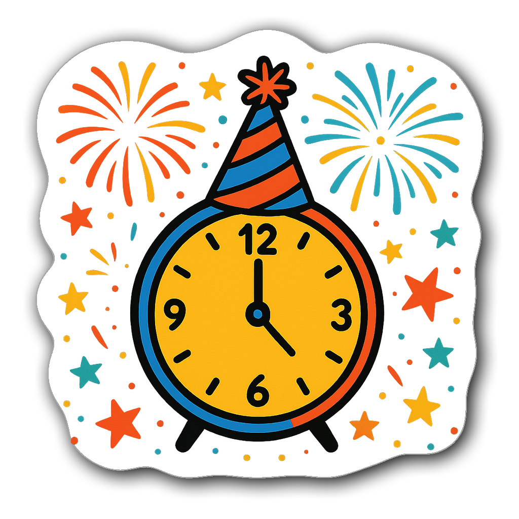 New Year's Eve sticker with clock, fireworks, and stars
