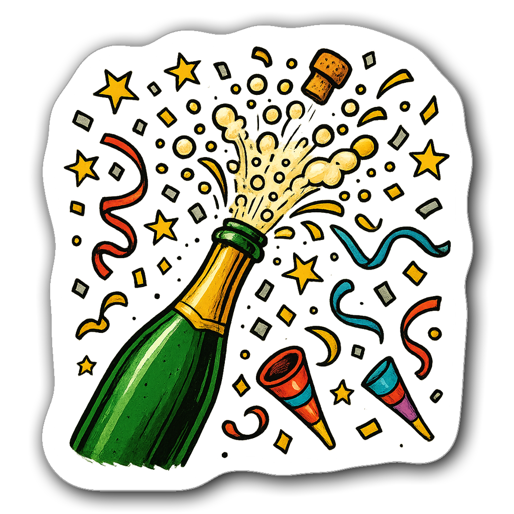 New Year's Eve sticker with champagne and confetti design