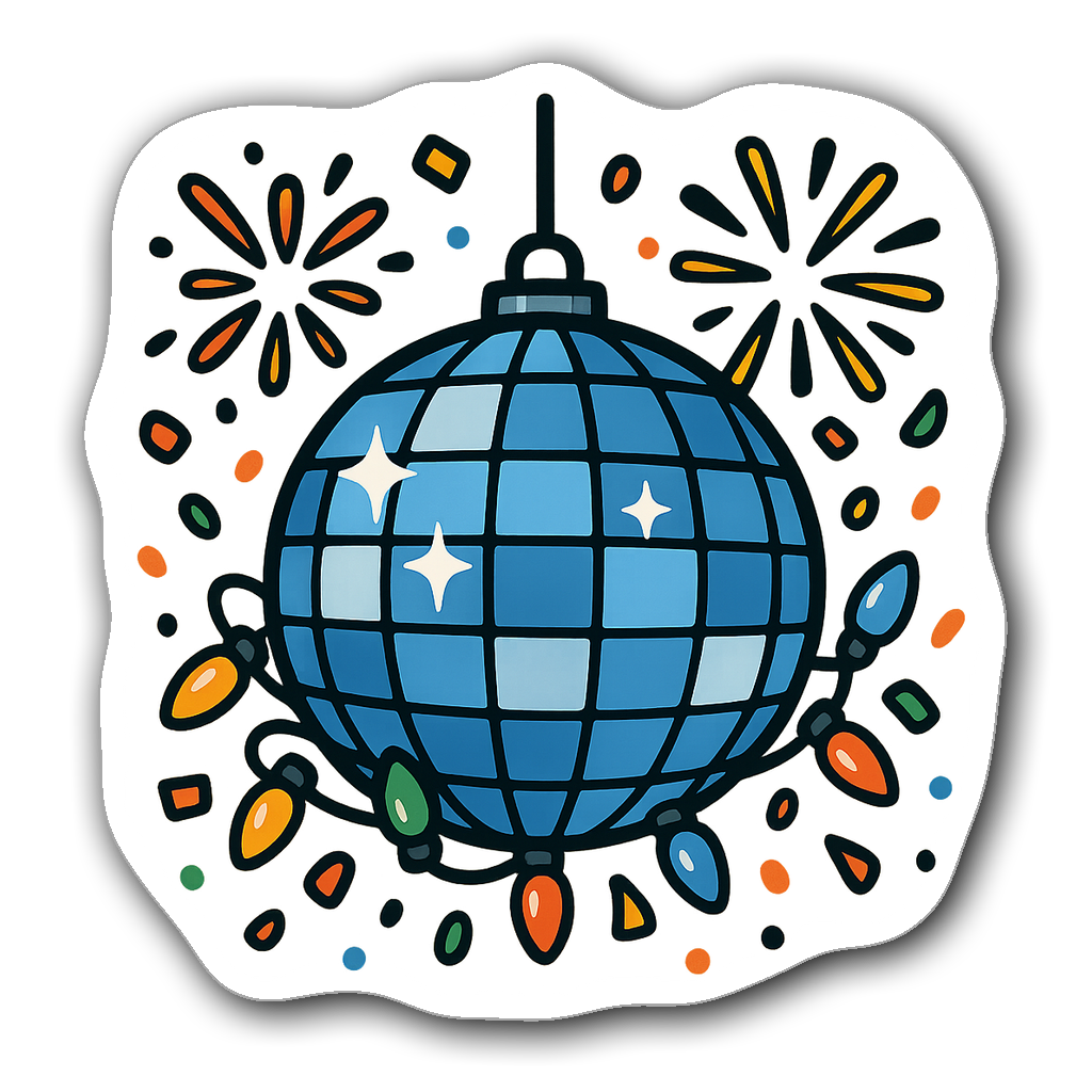 Playful cartoon-style disco ball sticker with confetti