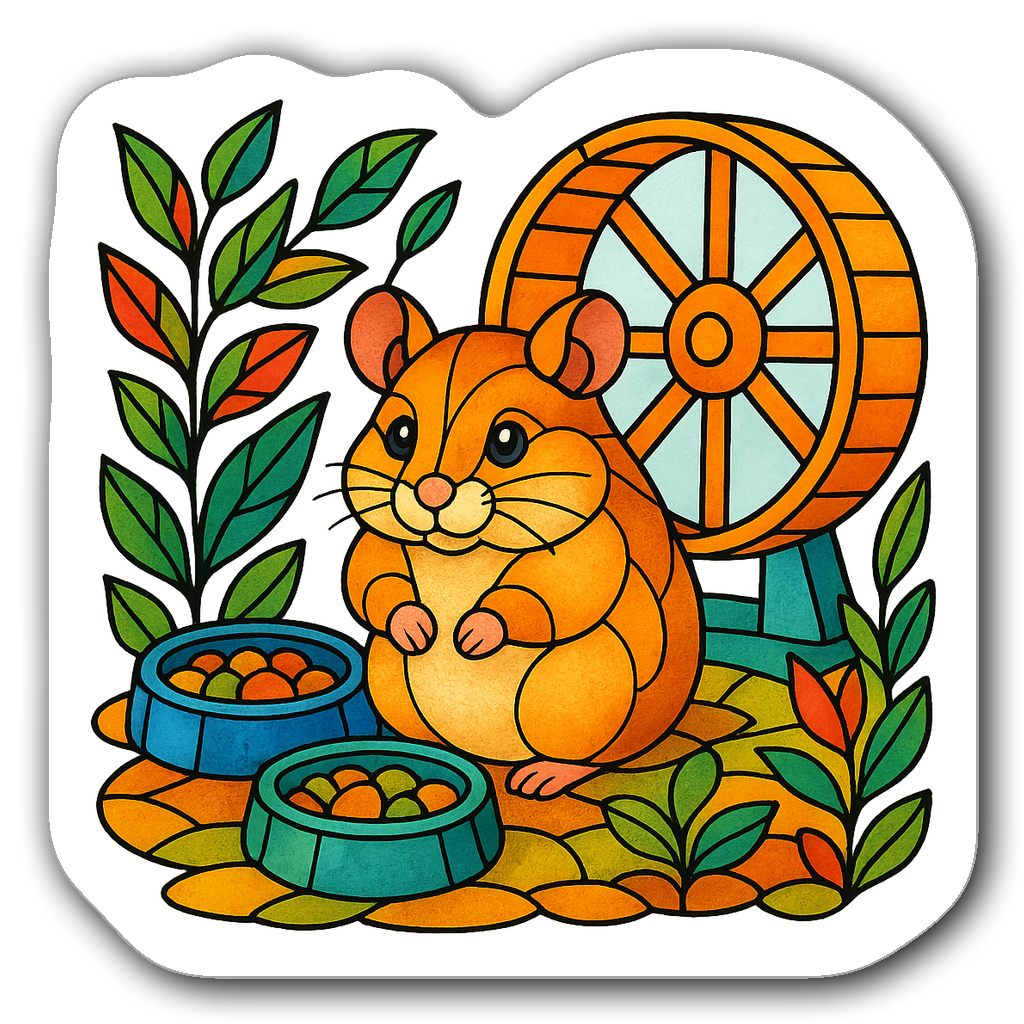 Stained glass hamster in a cozy habitat with colorful details