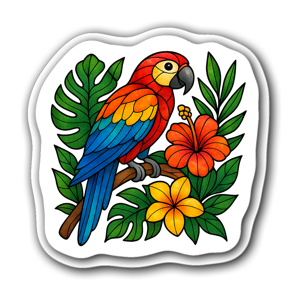 Whimsical stained glass parrot perched on a branch with flowers