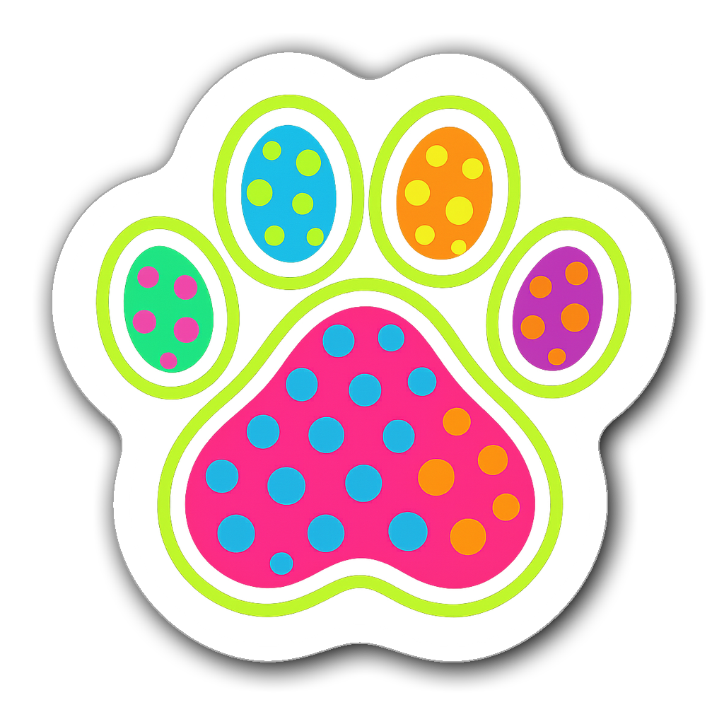Colorful neon paw print sticker with playful designs