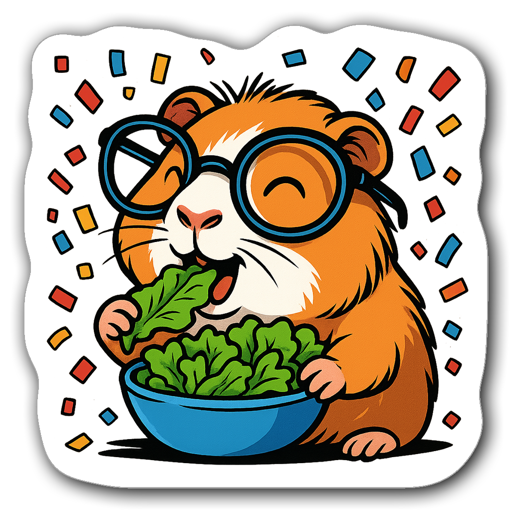 Joyful guinea pig sticker with oversized glasses and salad