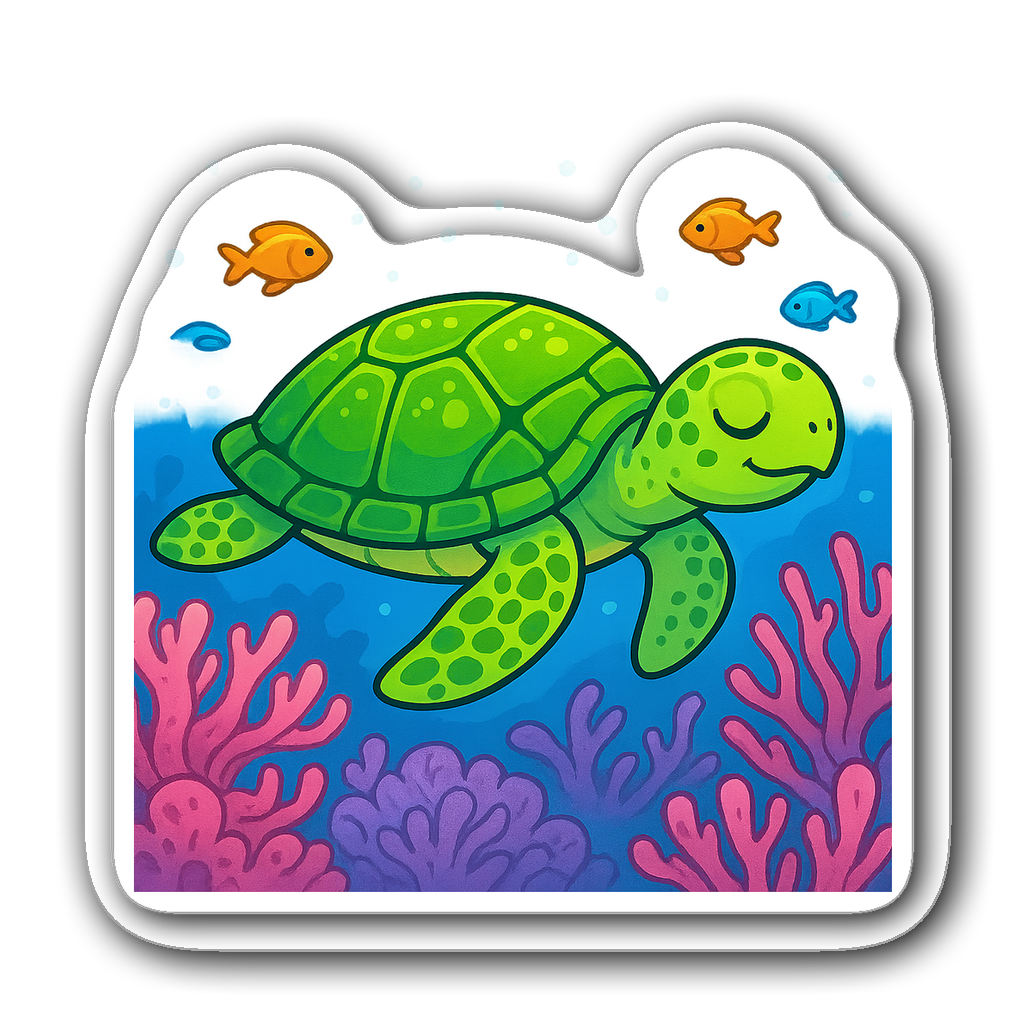 Cartoonish sea turtle gliding among colorful coral formations