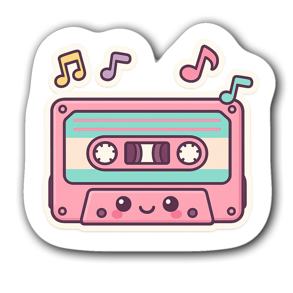 Kawaii retro vintage cassette tape sticker with music notes