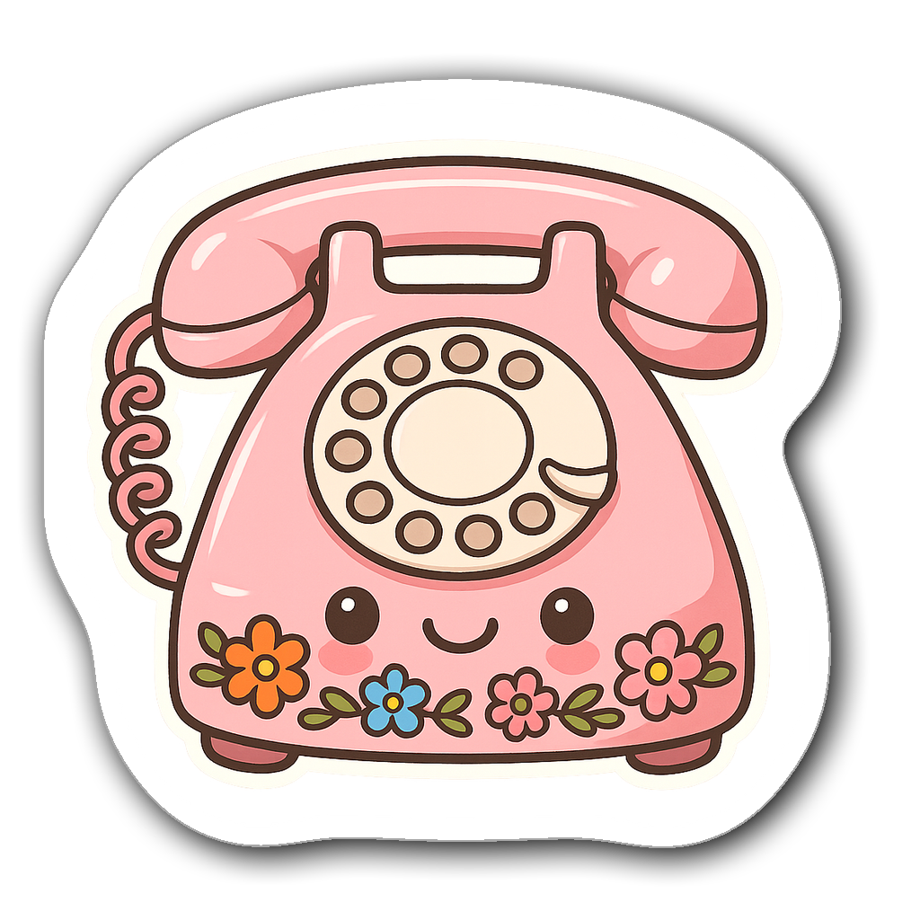 Kawaii chibi style rotary phone sticker with floral accents