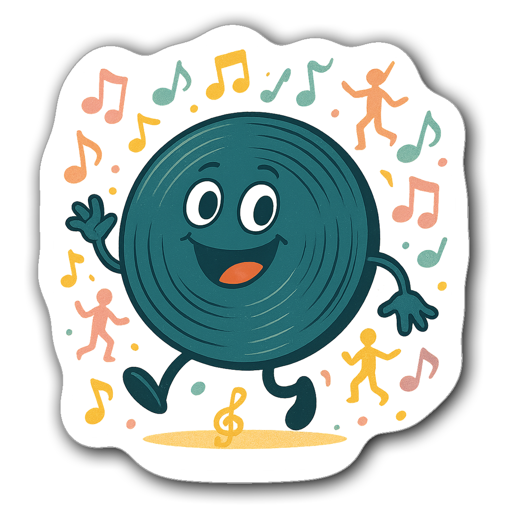 Kawaii retro vinyl record sticker with musical notes