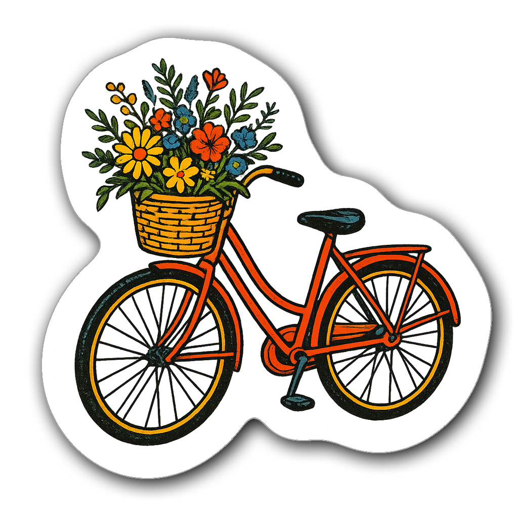 Vintage bicycle sticker with wildflowers, die-cut design