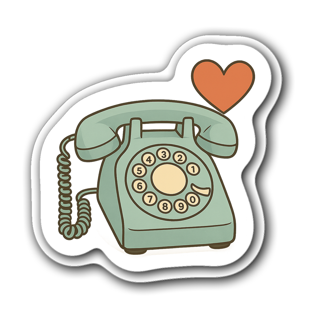 Retro rotary phone sticker with a heart in muted colors.