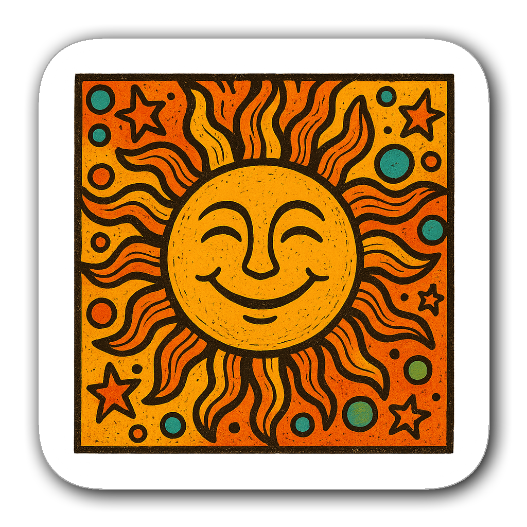 Retro sticker of a smiling sun with colorful rays and stars
