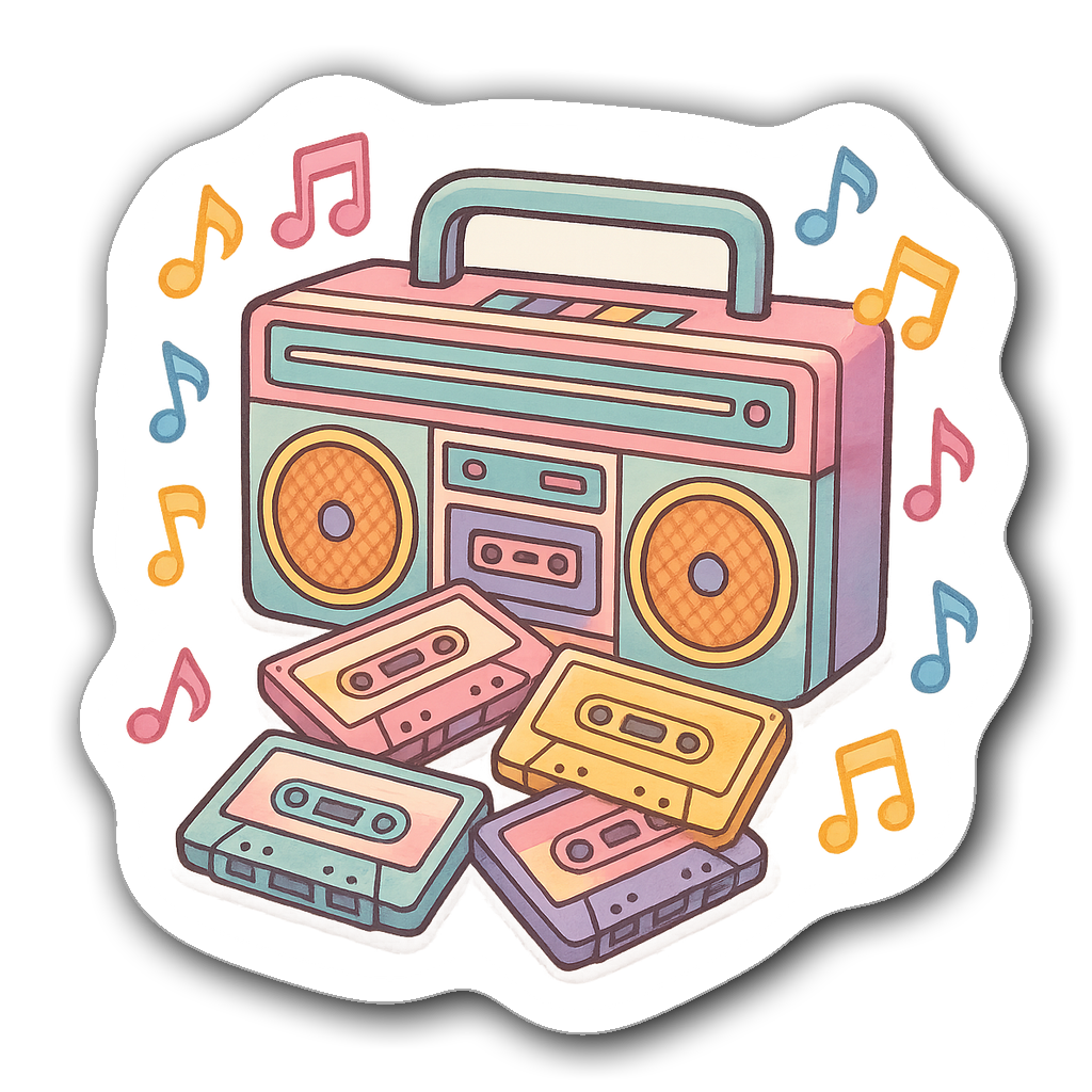 A pastel-colored retro boombox sticker with cassette tapes