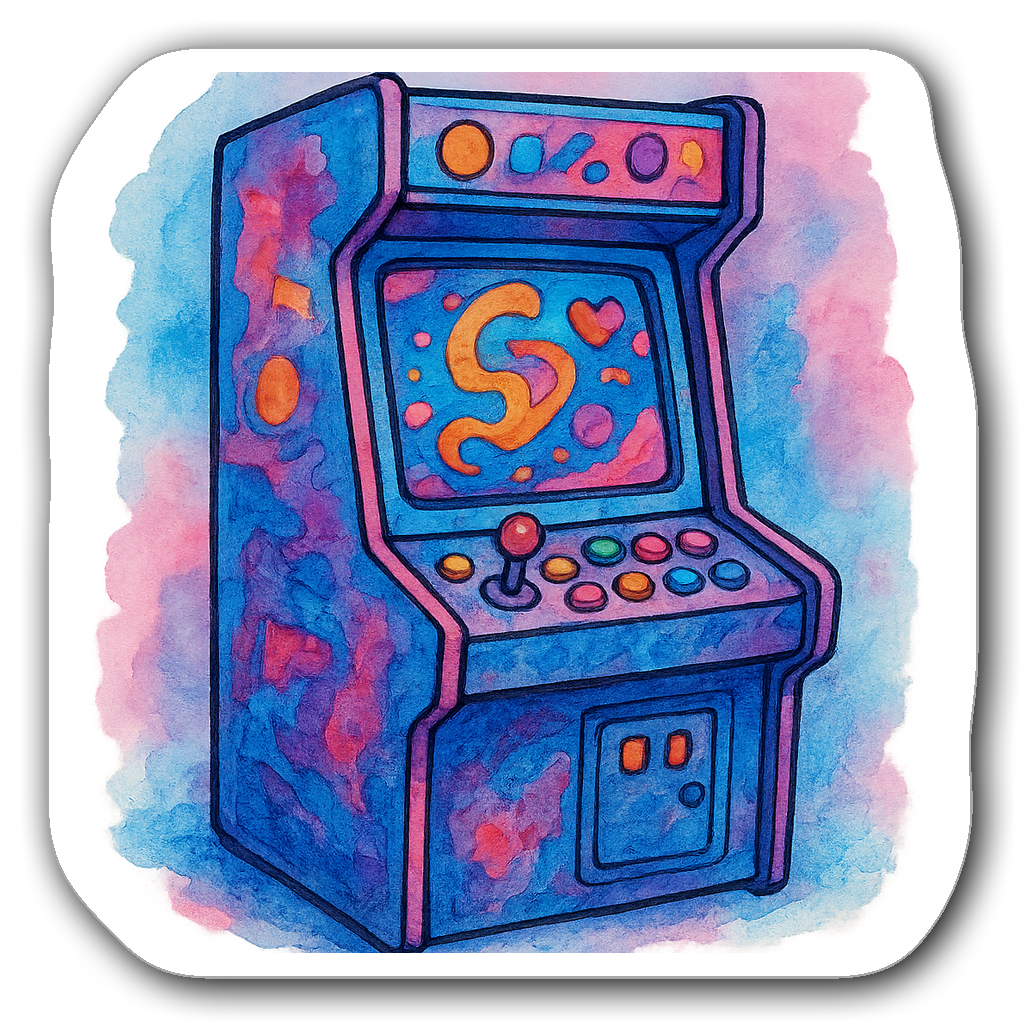 Watercolor illustration of a funky arcade machine with colorful buttons