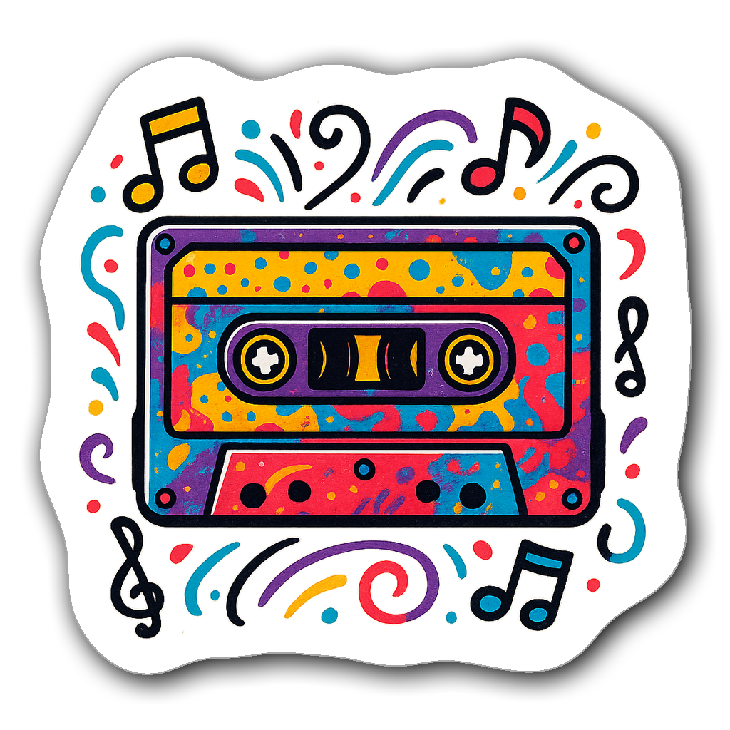 Retro cassette tape sticker in pink and teal with starburst pattern