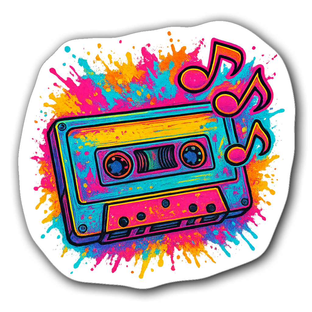 Neon cassette tape with graffiti splashes and musical notes