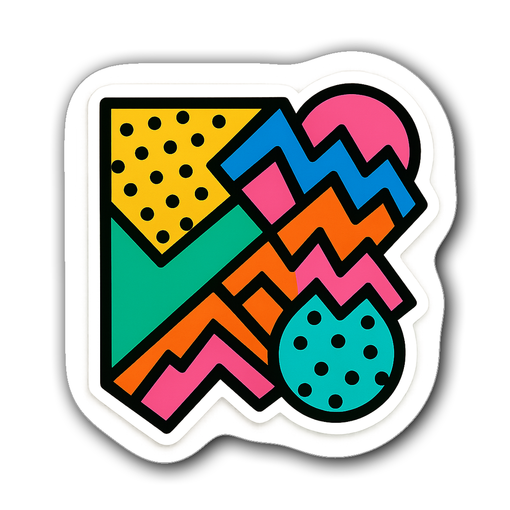 Vibrant 90s geometric abstract retro sticker with zigzags and polka dots