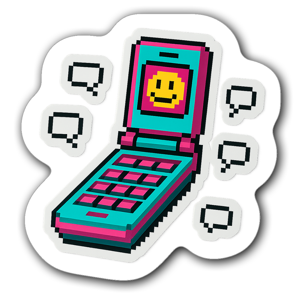 Y2K 8-bit retro flip phone sticker with pixel art design