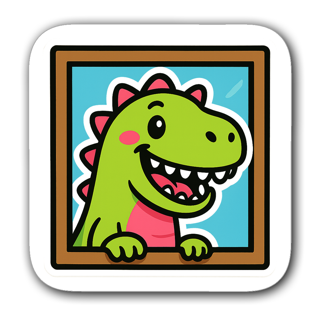 Friendly cartoon dinosaur peeking from behind a window frame