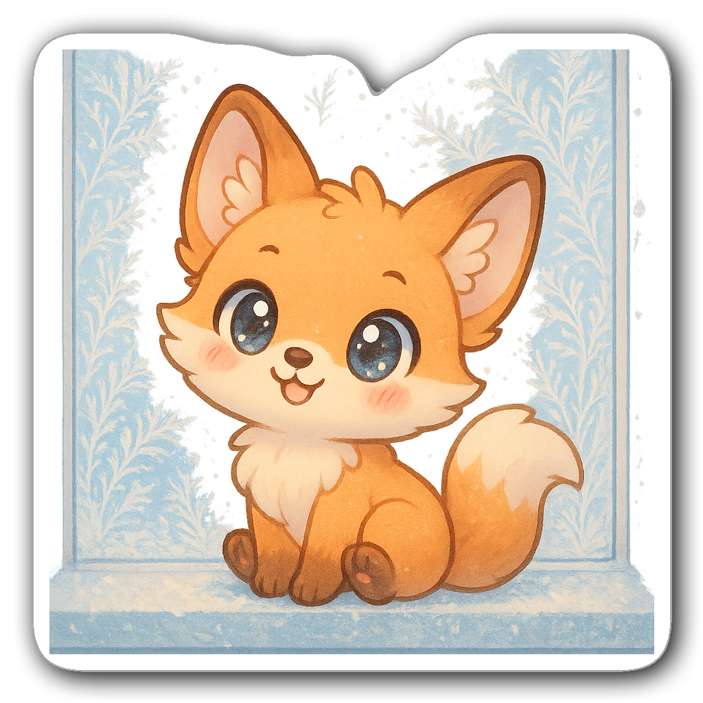 Chibi winter fox with sparkling eyes on a frosted window