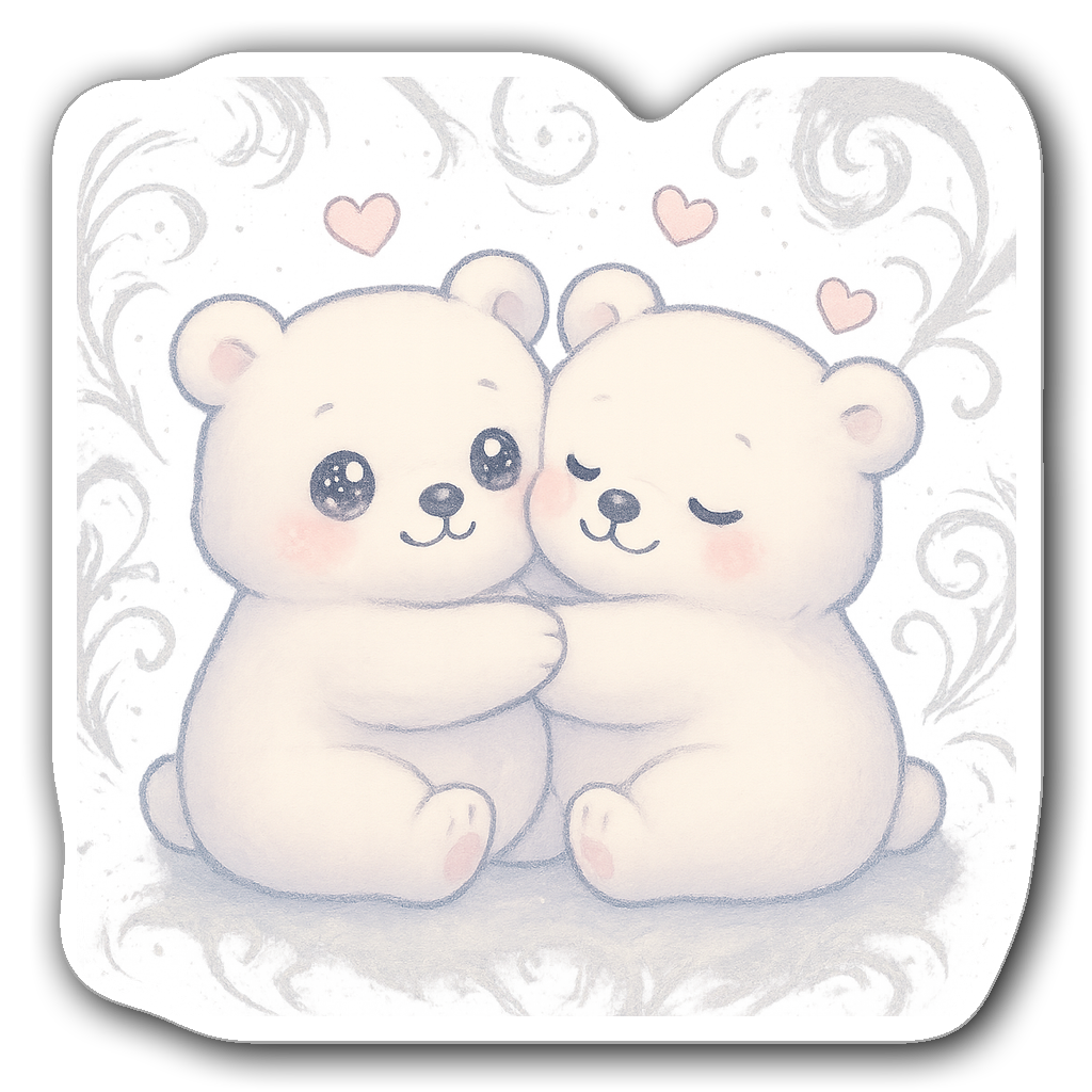 Kawaii polar bear couple with big eyes and hearts on frosted background