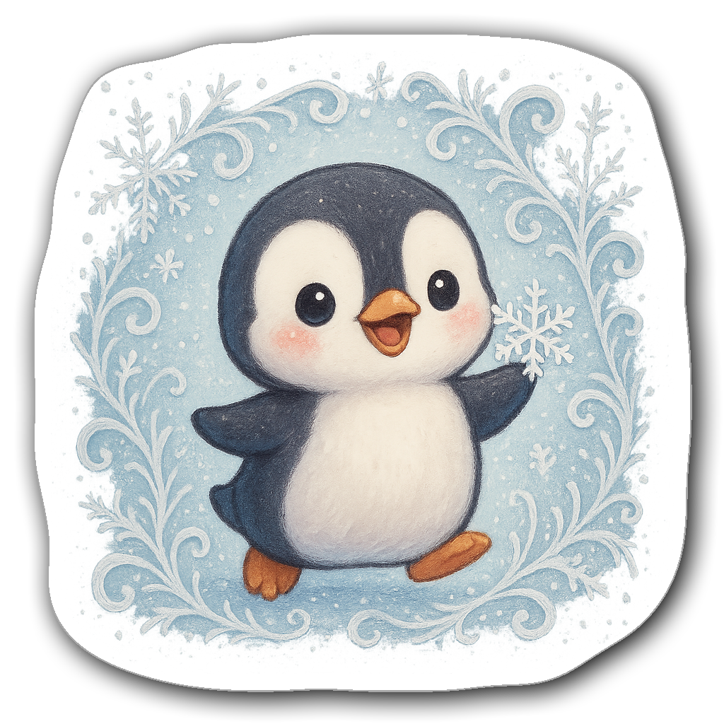 Charming chibi penguin holding a snowflake in frosted window sticker