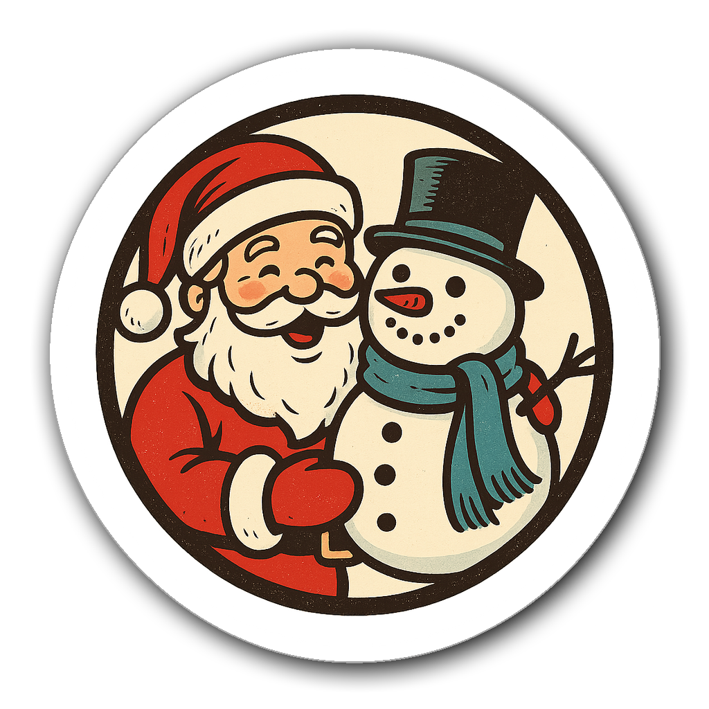 Vintage Santa with a snowman in holiday attire window decal