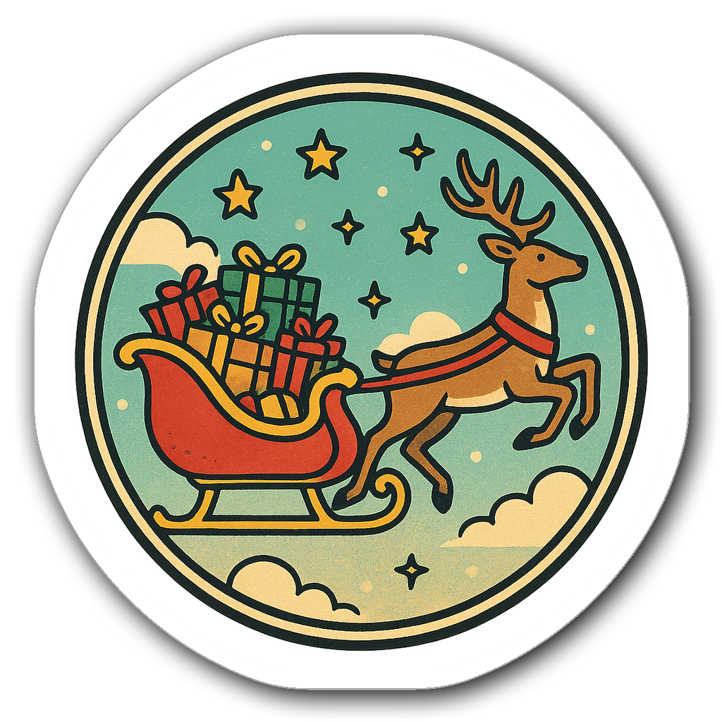 Retro window decal of a sleigh with presents and reindeer in a pastel sky