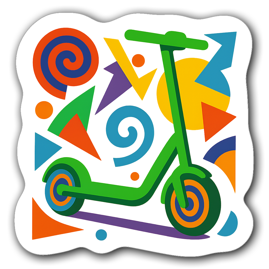 Abstract representation of an electric scooter in vivid green with geometric shapes