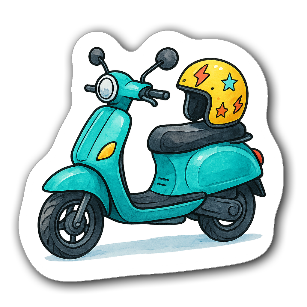 Soft watercolor illustration of a vibrant electric scooter with a helmet