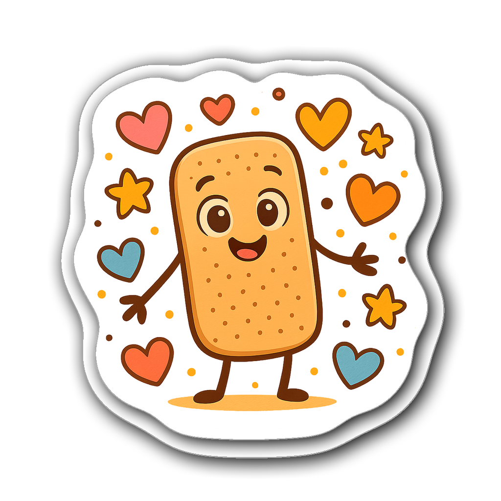 Cartoon band-aid character with big eyes and colorful hearts.