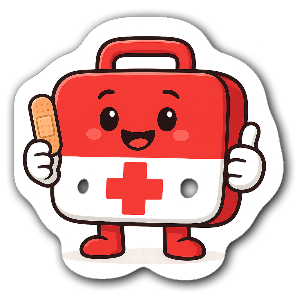 Cute first aid kit character with a bandage and thumbs up