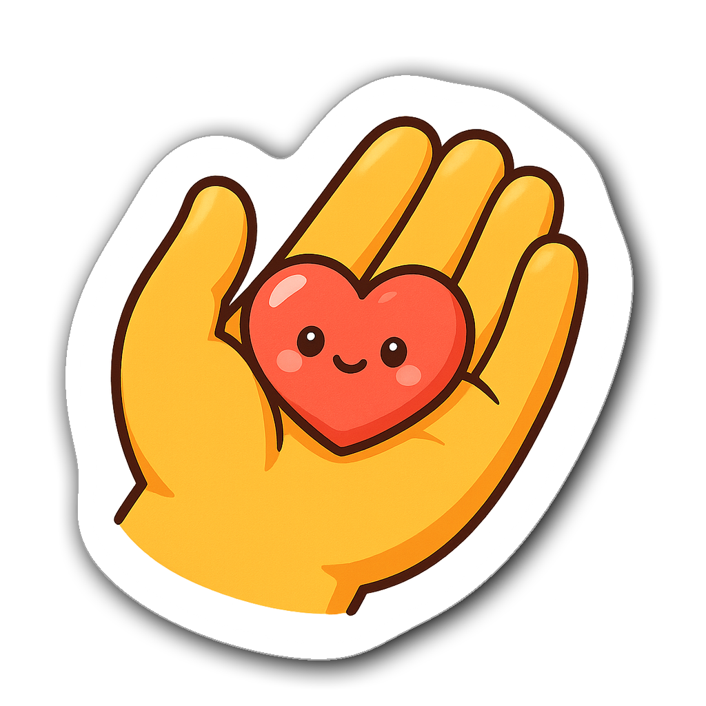 Cartoon character of a hand cradling a heart in bright colors