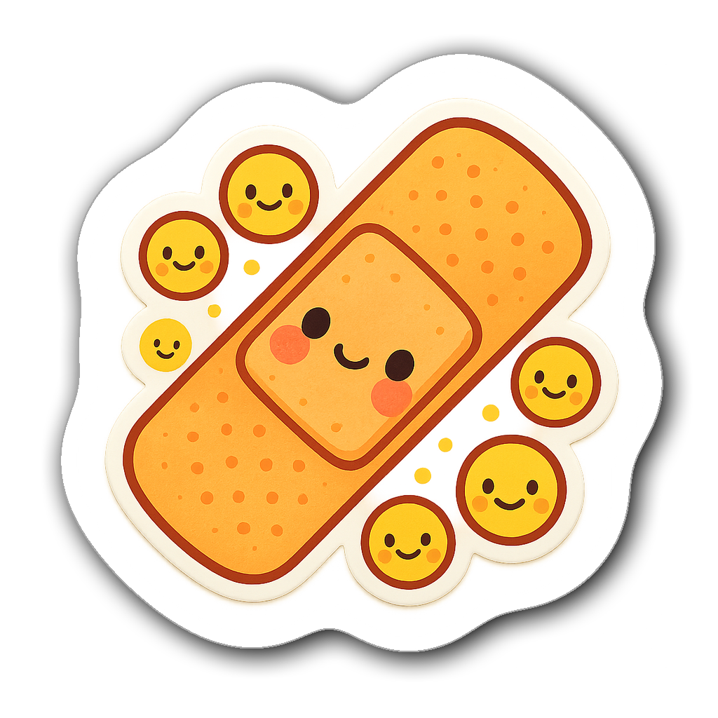 Vibrant kawaii-style bandage sticker surrounded by smiley faces