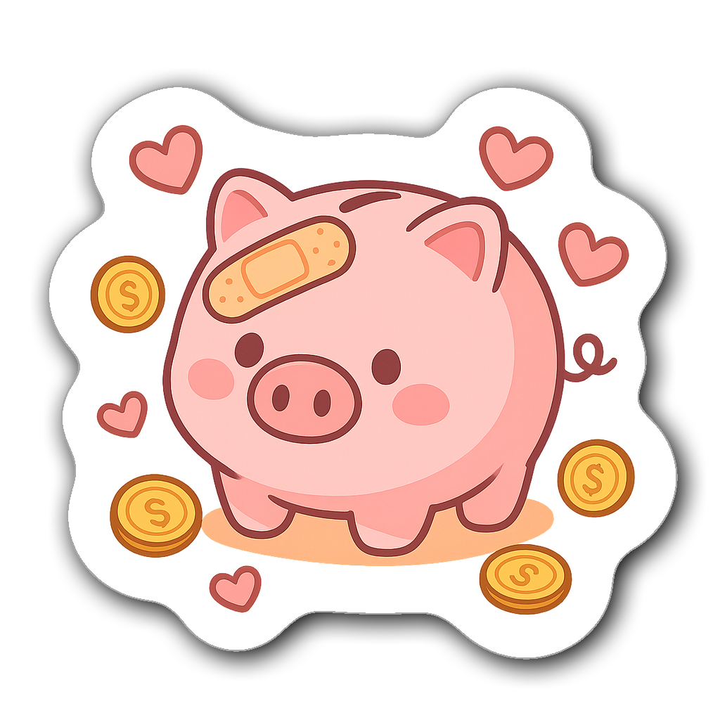A cute cartoon piggy bank with a bandage surrounded by coins and hearts