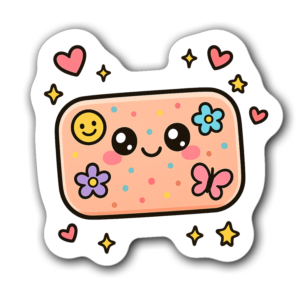 Kawaii chibi band-aid character with sparkly eyes and tiny hearts