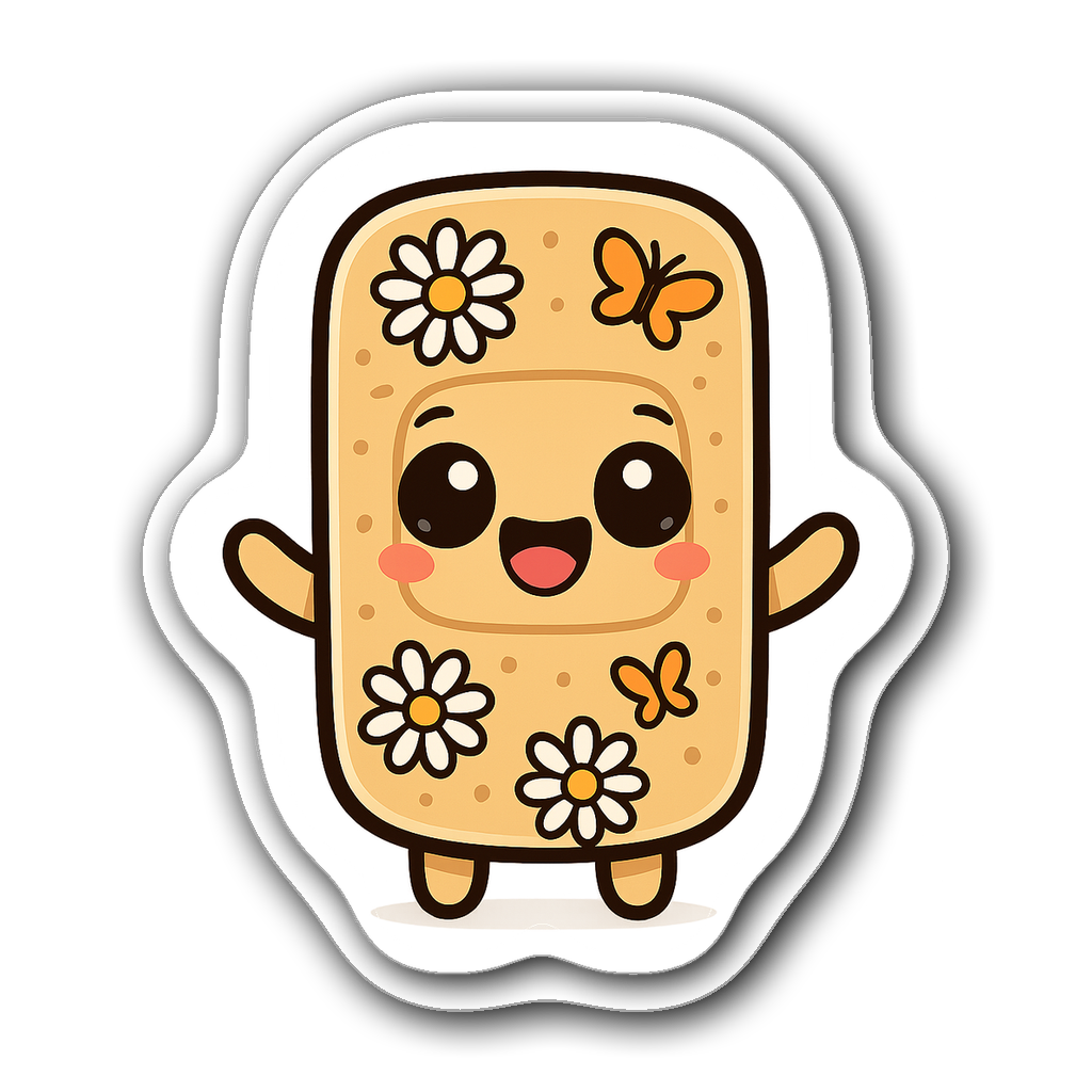 Kawaii chibi adhesive patch character with flowers and butterflies