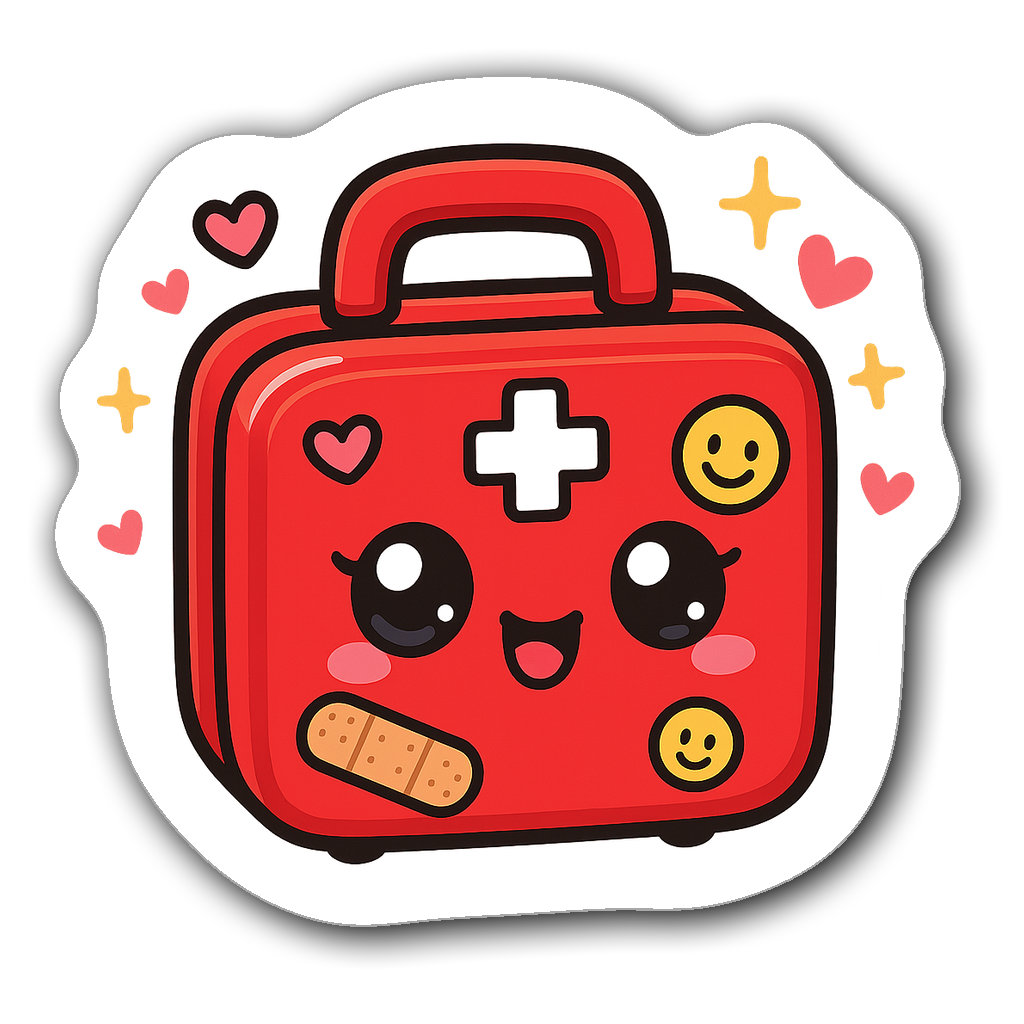 Kawaii chibi style first aid kit with cute faces and hearts