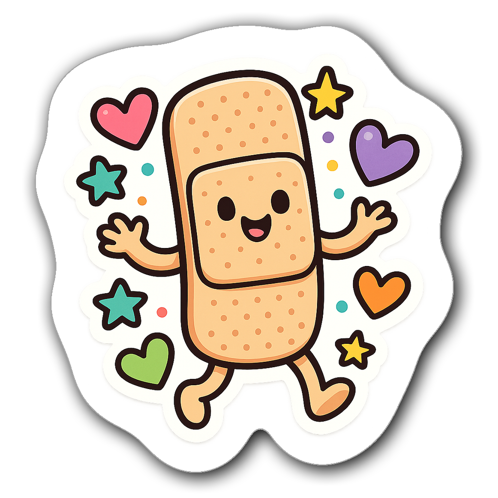 Smiling band-aid cartoon sticker surrounded by hearts and stars