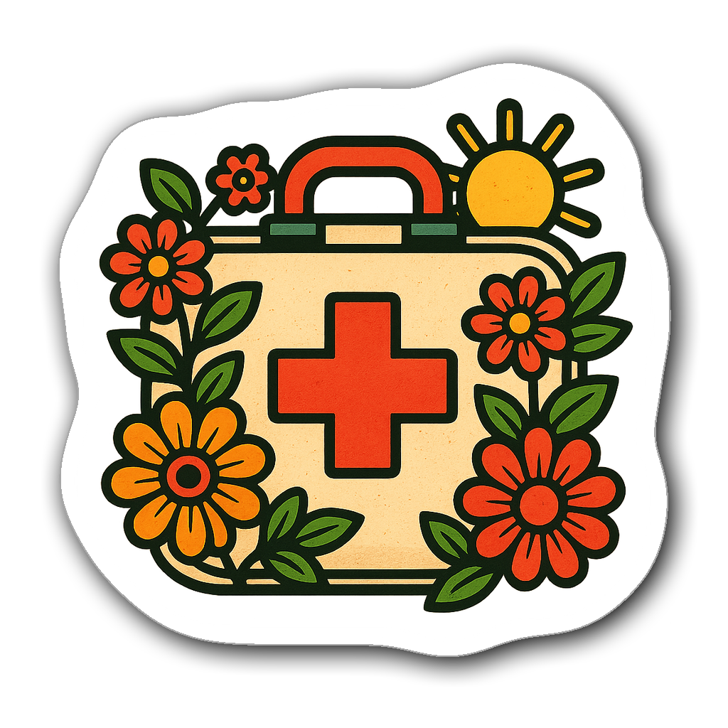 Retro vintage first aid kit sticker with flowers and sun