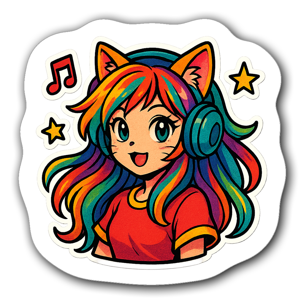 Retro anime cat girl with colorful hair and headphones sticker