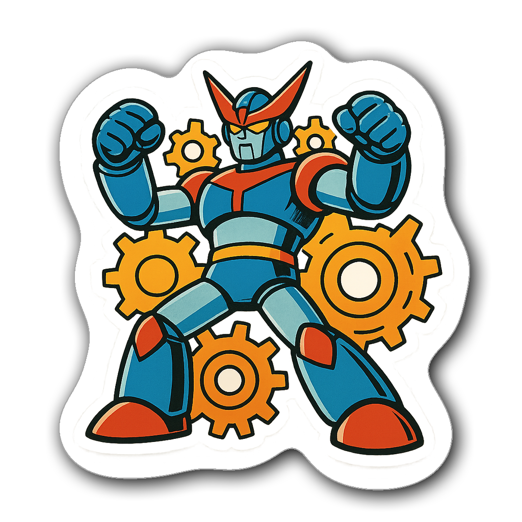 Retro vintage anime robot sticker with gear motifs