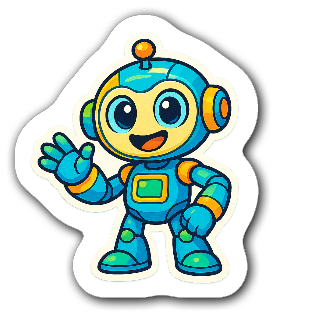 Cute humanoid robot sticker with big smile and colorful gadgets.