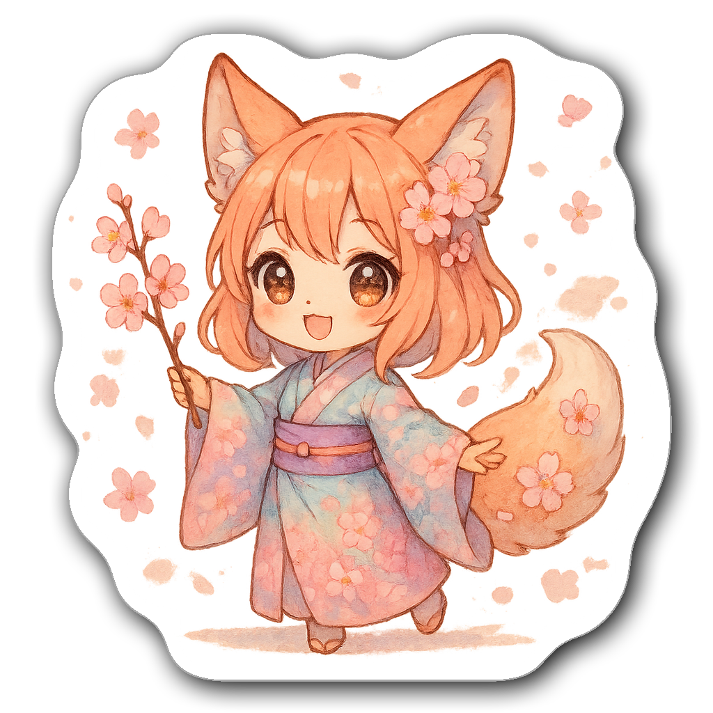 Cute chibi-style fox girl in pastel kimono with sakura branch